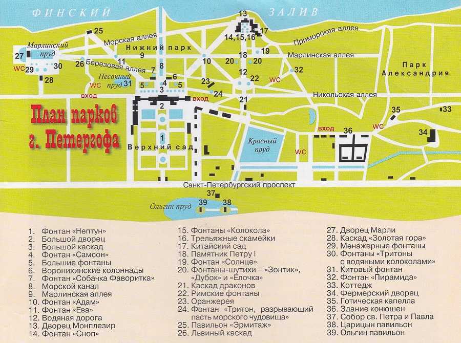 Подробная карта Петергофа на русском языке с отмеченными достопримечательностями города. Петергоф со спутника