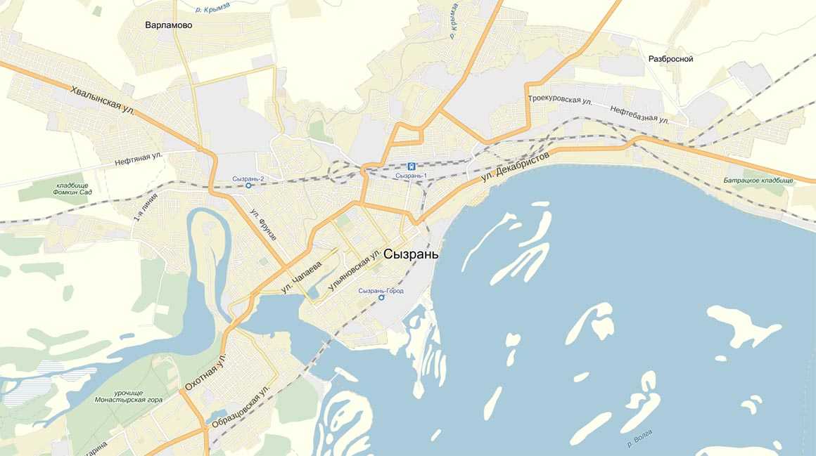 Подробная карта Сызрани на русском языке с отмеченными достопримечательностями города. Сызрань со спутника