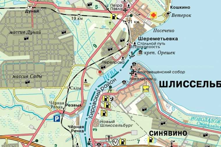 Подробная карта Шлиссельбурга на русском языке с отмеченными достопримечательностями города. Шлиссельбург со спутника