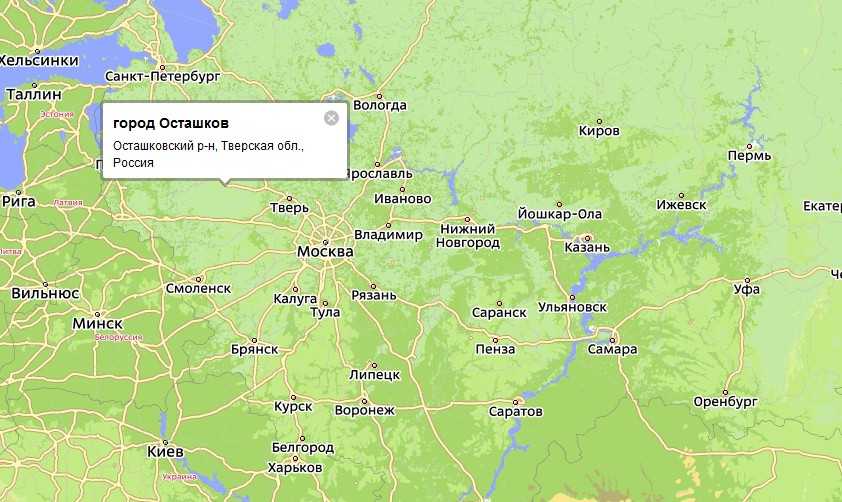 Подробная карта Осташкова на русском языке с отмеченными достопримечательностями города. Осташков со спутника
