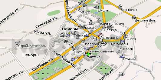 Подробная карта Печор на русском языке с отмеченными достопримечательностями города. Печоры со спутника