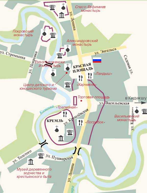Подробная карта Суздаля на русском языке с отмеченными достопримечательностями города. Суздаль со спутника