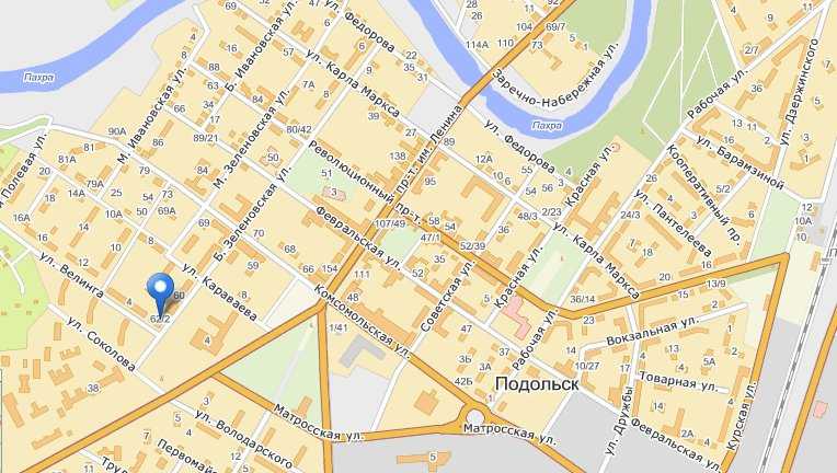 Подробная карта Подольска на русском языке с отмеченными достопримечательностями города. Подольск со спутника