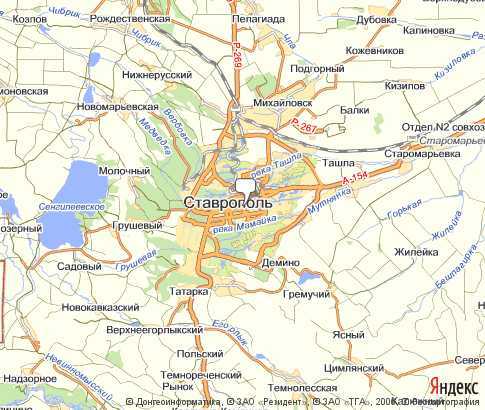 Подробная карта Ставрополя на русском языке с отмеченными достопримечательностями города. Ставрополь со спутника