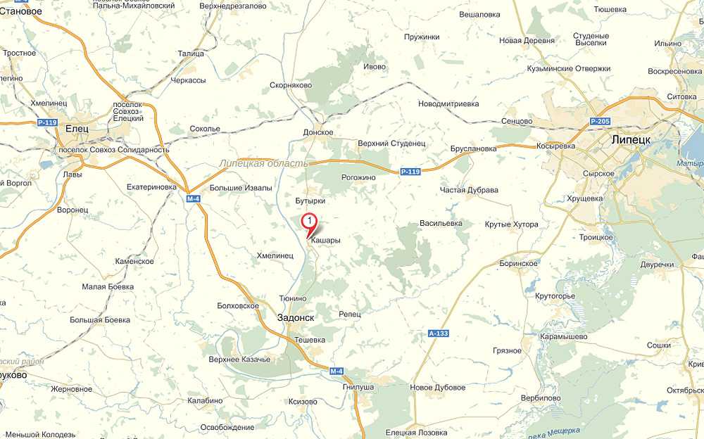 Подробная карта Задонска на русском языке с отмеченными достопримечательностями города. Задонск со спутника