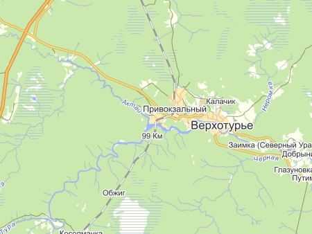 Подробная карта Верхотурье на русском языке с отмеченными достопримечательностями города. Верхотурье со спутника