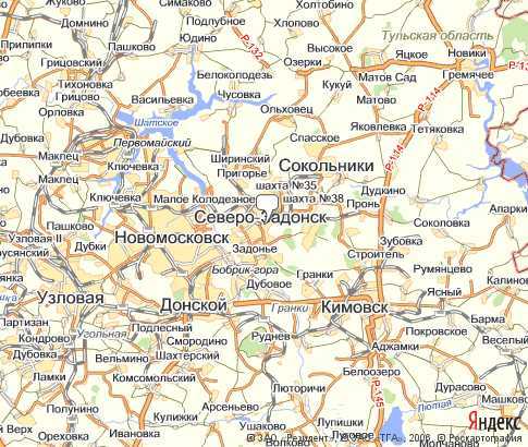 Подробная карта Задонска на русском языке с отмеченными достопримечательностями города. Задонск со спутника