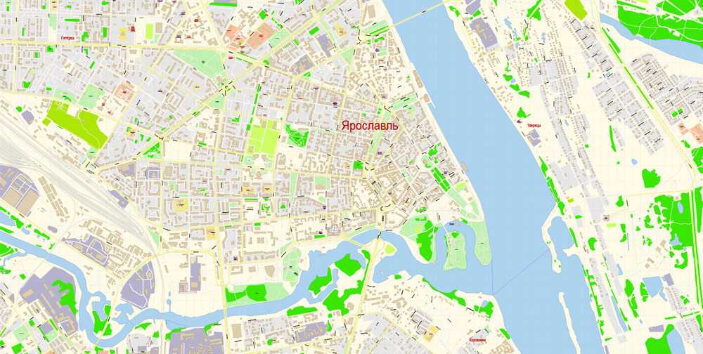 Подробная карта Ярославля на русском языке с отмеченными достопримечательностями города. Ярославль со спутника